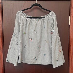 Striped Embroidered Off-Shoulder Bell Sleeve Top - White/Black